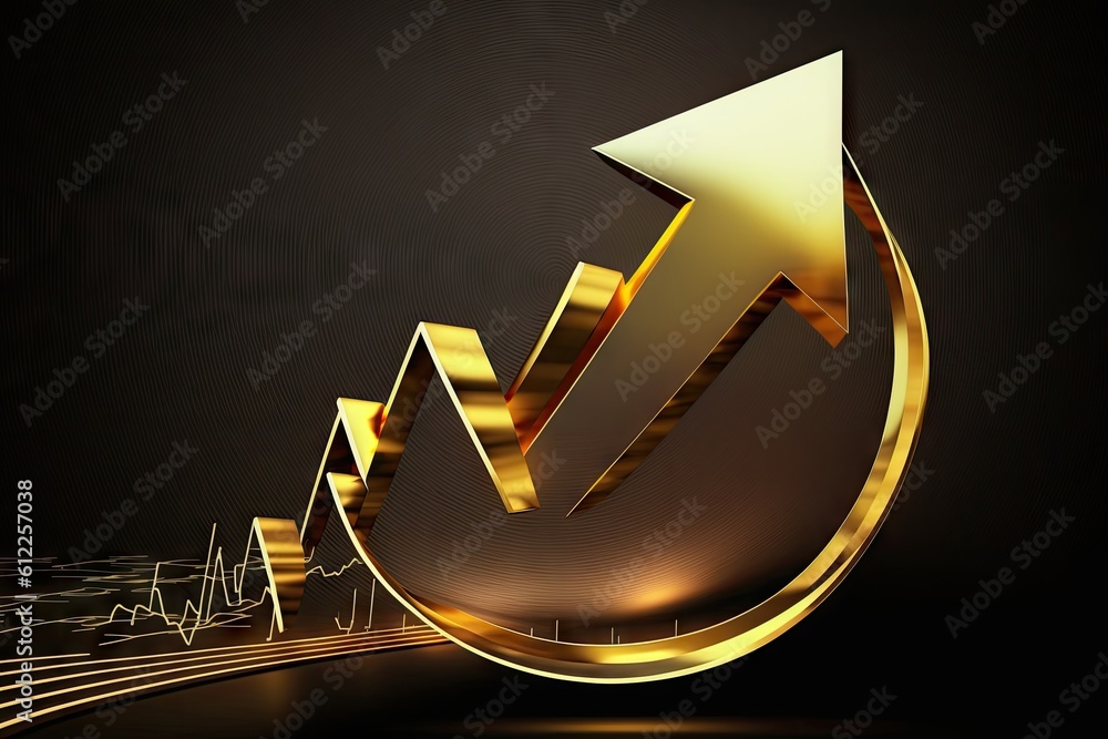 Poster graph over black background with arrow in gold color