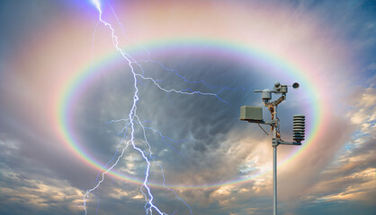 Weather station automatic measurement of weather parameters with lightning and rainbow