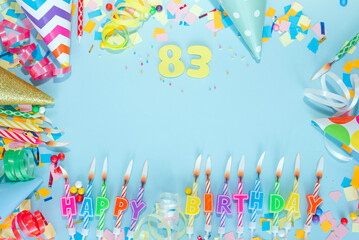 Top view card happy birthday with number  83. Copy space. Postcard holiday anniversary. Happy...