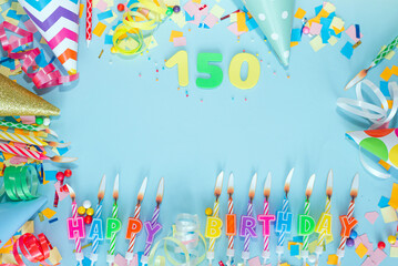 Top view card happy birthday with number  150. Copy space. Postcard holiday anniversary. Happy...