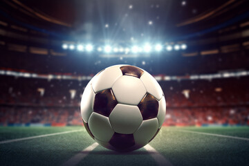 close up of a soccer ball in the center of the stadium illuminated by the headlights, generative ai