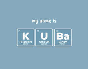 Vector inscription name KUBA composed of individual elements of the periodic table. Text: My name is. Purple background