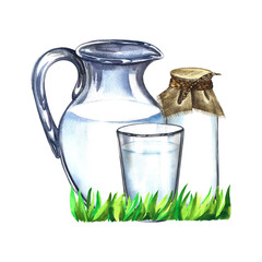 Dairy products in glass containers. Decanter, glass and bottle of milk. Watercolor hand drawn illustration. On a white background. For milk promotion banner and flyer, dairy product label packaging.