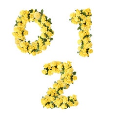3D illustration of Yellow rose flowers alphabet  - digits 0-2