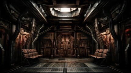 Fototapeta na wymiar Dark sci-fi dieselpunk space station corridor interior with hangar door generative ai