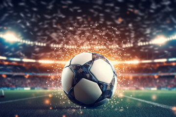 Fototapeta premium close up of a soccer ball in the center of the stadium illuminated by the headlights, generative ai
