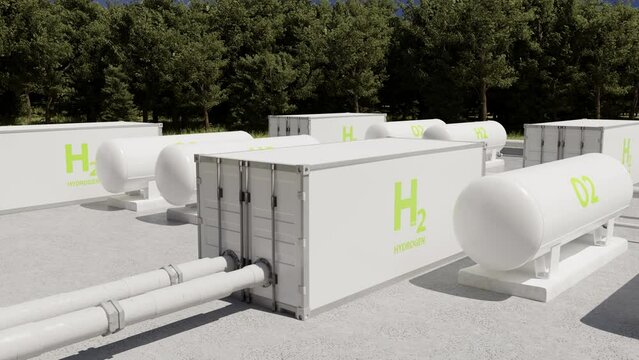 White tanks with container liquid hydrogen and oxygen in factory yard. 3d animation