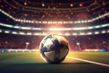 Fototapeta na wymiar close up of a soccer ball in the center of the stadium illuminated by the headlights, generative ai