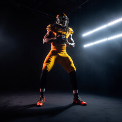 Fototapeta na wymiar American football player on a dark background in smoke