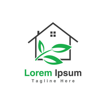 Home with leaf logo design vector template.