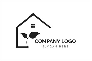 House and leaves logo design in simple lines on black color