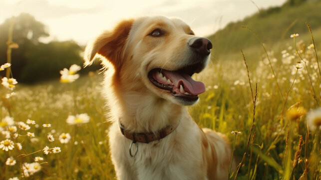 AI generative image of a happy and healthy golden retriever outdoors 