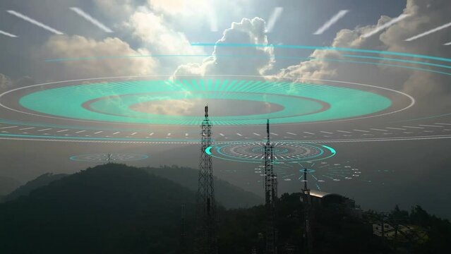 Radio signal from the cellular antenna spreads in all directions. Visualization of radio waves transmitted by a radio tower. Concept of wireless communication, data transmission, 5G,. High quality 4k