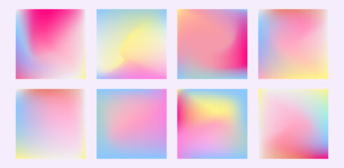 Vector holographic backgrounds set. Blurred effect liquid abstract artwork hologram backdrops. Collection of modern colorful soft fluid aura mesh gradients. Futuristic social media post backgrounds