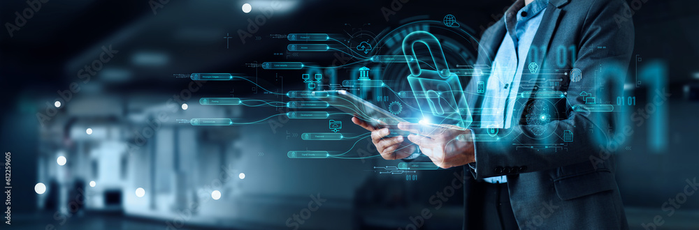 Aufkleber Business and Data Protection, Biometric security identify, face recognition online access business data. Cyber security technology prevent unauthorized access and protect business significant data.