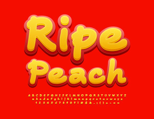 Vector bright Emblem Ripe Peach. Funny handwritten Font. Playful Alphabet Letters and Numbers
