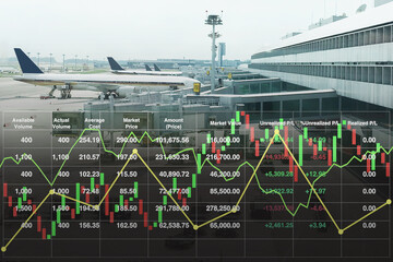 Business aviation marketing with stock information data, candlesticks, graph and chart show...