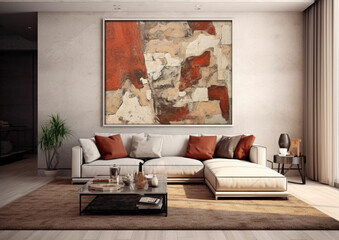 interior of a modern apartment, one big art frame mock up on wall, generative ai