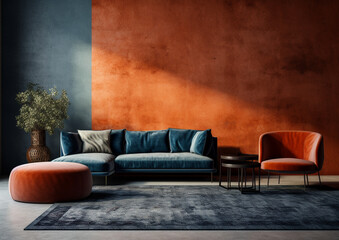 modern living room with sofa, empty wall, orange and blue, generative ai 