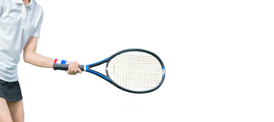 Female tennis player holding a racket isolated on white background with copy space.