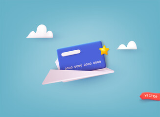 Bank Card in Paper Plane. Business Finance, Send Receive Money Online, Financial Transactions, Transfer and Exchange.