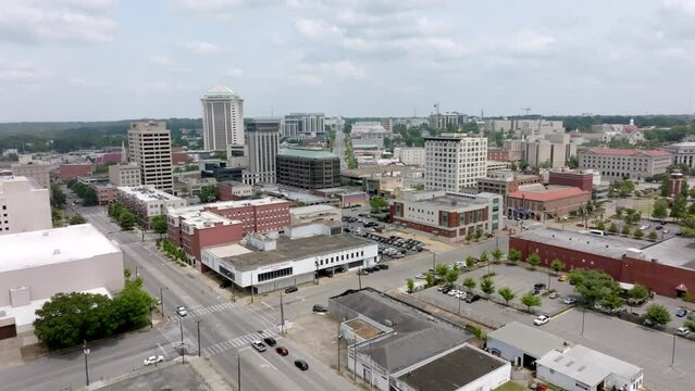 Montgomery, Alabama skyline wide shot with drone video moving in.