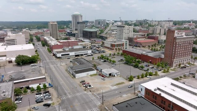 Montgomery, Alabama skyline wide shot with drone video stable.