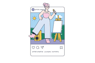 Instagram post concept artist with people scene in the flat cartoon style. The creative girl is engaged in singing and drawing. Vector illustration.
