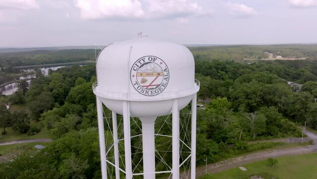 Tuskegee, Alabama water tower with drone video pulling out.