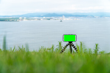 Smartphone on a tripod with green screen on it. Mobile smartphone with a chroma key green screen in the natural background.