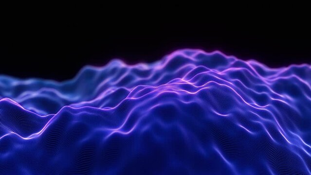 Blue 3D soundwaves in motion. Digital sound, artificial intelligence or digital data abstract concept. Flowing waves of digital information. Flowing pixels on surface of sound waves, seamless loop 4K