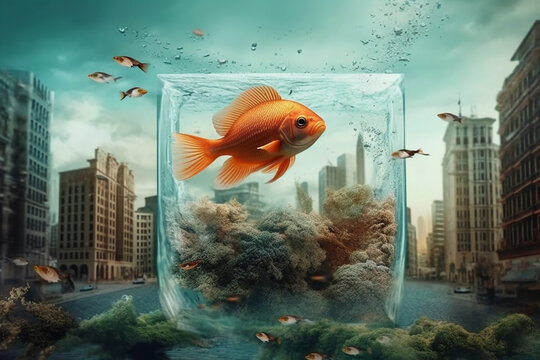Fish swimming in an aquarium in a city, animals and human settlement, mixing of habitats, environment issue, surreal image, generative AI