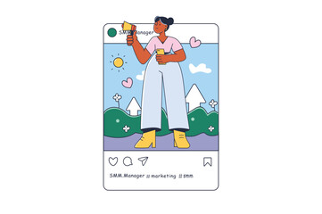 Instagram post concept SMM manager in the flat cartoon style. SMM specialist promotes social networks of some business companies and attracts new clients. Vector illustration.