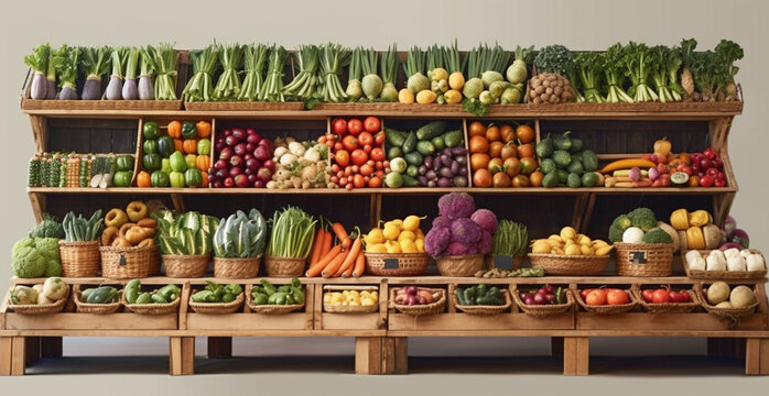 Vegetable farmers market stall, colorful various fresh organic healthy vegetables - AI generated image