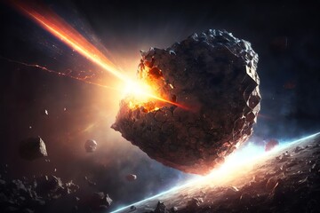 Asteroid or meteorite burst with fire. Laser explodes big asteroid. Planet protection system. Generative AI. - obrazy, fototapety, plakaty