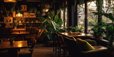 AI Generated. AI Generative. Indoor interior cozy luxury retro wooden cafe coffee shop with plants. Graphic Art