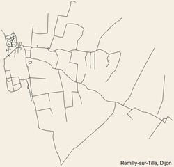 Detailed hand-drawn navigational urban street roads map of the REMILLY-SUR-TILLE QUARTER of the French city of DIJON, France with vivid road lines and name tag on solid background