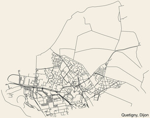 Detailed hand-drawn navigational urban street roads map of the QUETIGNY QUARTER of the French city of DIJON, France with vivid road lines and name tag on solid background