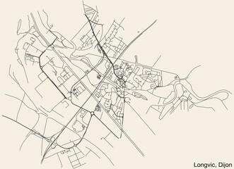 Detailed hand-drawn navigational urban street roads map of the LONGVIC QUARTER of the French city of DIJON, France with vivid road lines and name tag on solid background