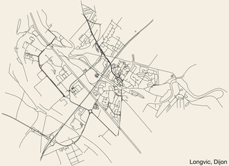 Detailed hand-drawn navigational urban street roads map of the LONGVIC QUARTER of the French city of DIJON, France with vivid road lines and name tag on solid background