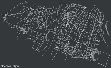 Detailed hand-drawn navigational urban street roads map of the CHENÔVE QUARTER of the French city of DIJON, France with vivid road lines and name tag on solid background