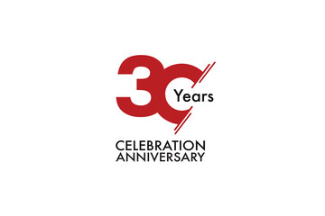 30th, 30 years, 30 year anniversary with red color isolated on white background, vector design for celebration vector