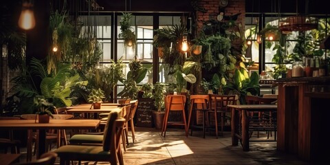 Fototapeta na wymiar AI Generated. AI Generative. Indoor interior cozy luxury retro wooden cafe coffee shop with plants. Graphic Art