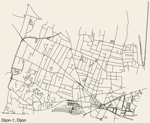 Detailed hand-drawn navigational urban street roads map of the DIJON-1 CANTON of the French city of DIJON, France with vivid road lines and name tag on solid background