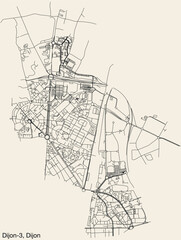 Detailed hand-drawn navigational urban street roads map of the DIJON-3 CANTON of the French city of DIJON, France with vivid road lines and name tag on solid background