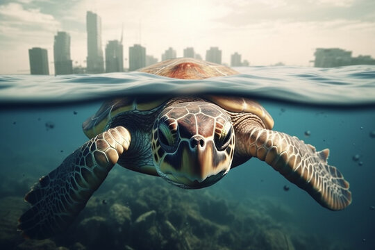 Sea turtle swimming in the ocean, big city above, environment pollution, danger to maritime animal, protect the habitat, generative AI
