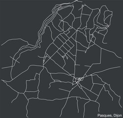 Detailed hand-drawn navigational urban street roads map of the PASQUES QUARTER of the French city of DIJON, France with vivid road lines and name tag on solid background