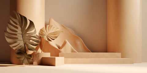 Beige podium for product display presentation. Sandstone and sandy colored plants. Generative AI