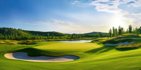 Golf course landscape. Generative AI - obrazy, fototapety, plakaty