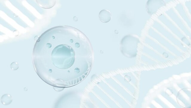 Abstract background with transparent spherical bubbles and DNA strands. 3d animation - Powered by Adobe